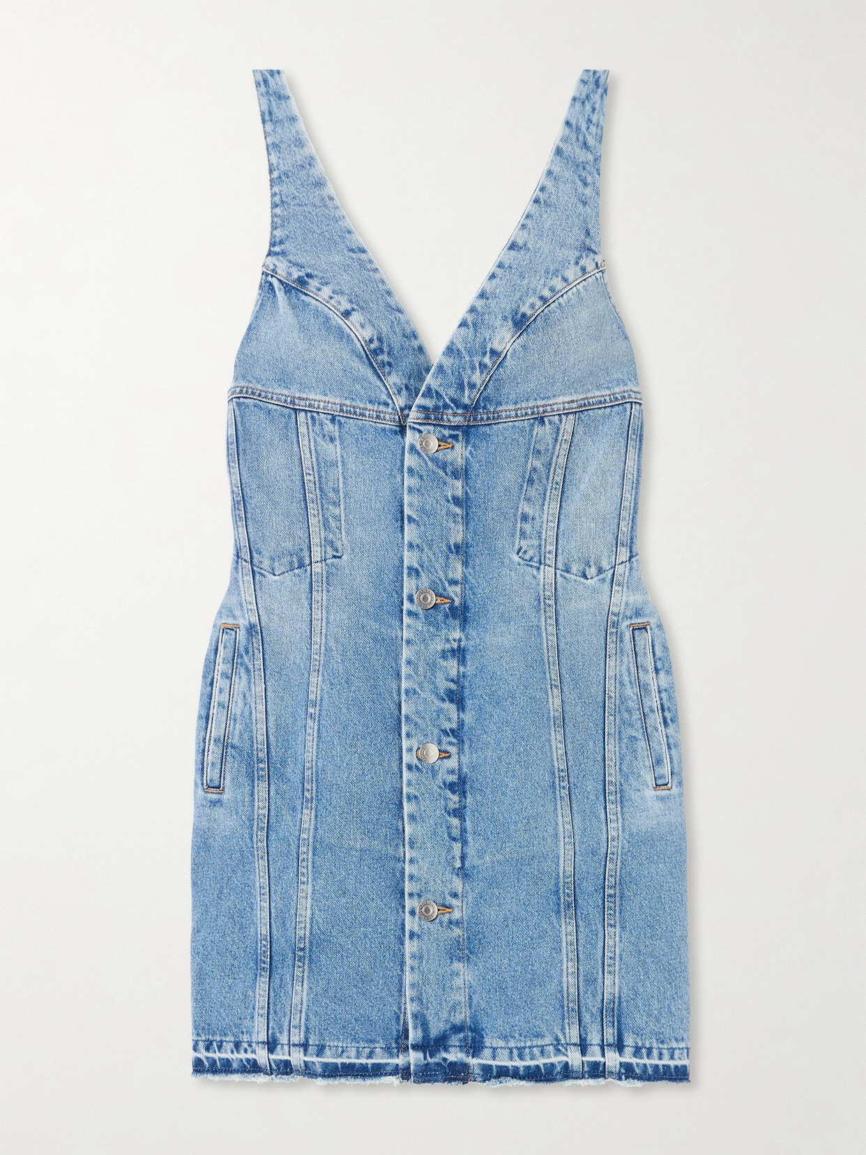Stella Mccartney Frayed Paneled Organic Denim Mini Dress In Blue
