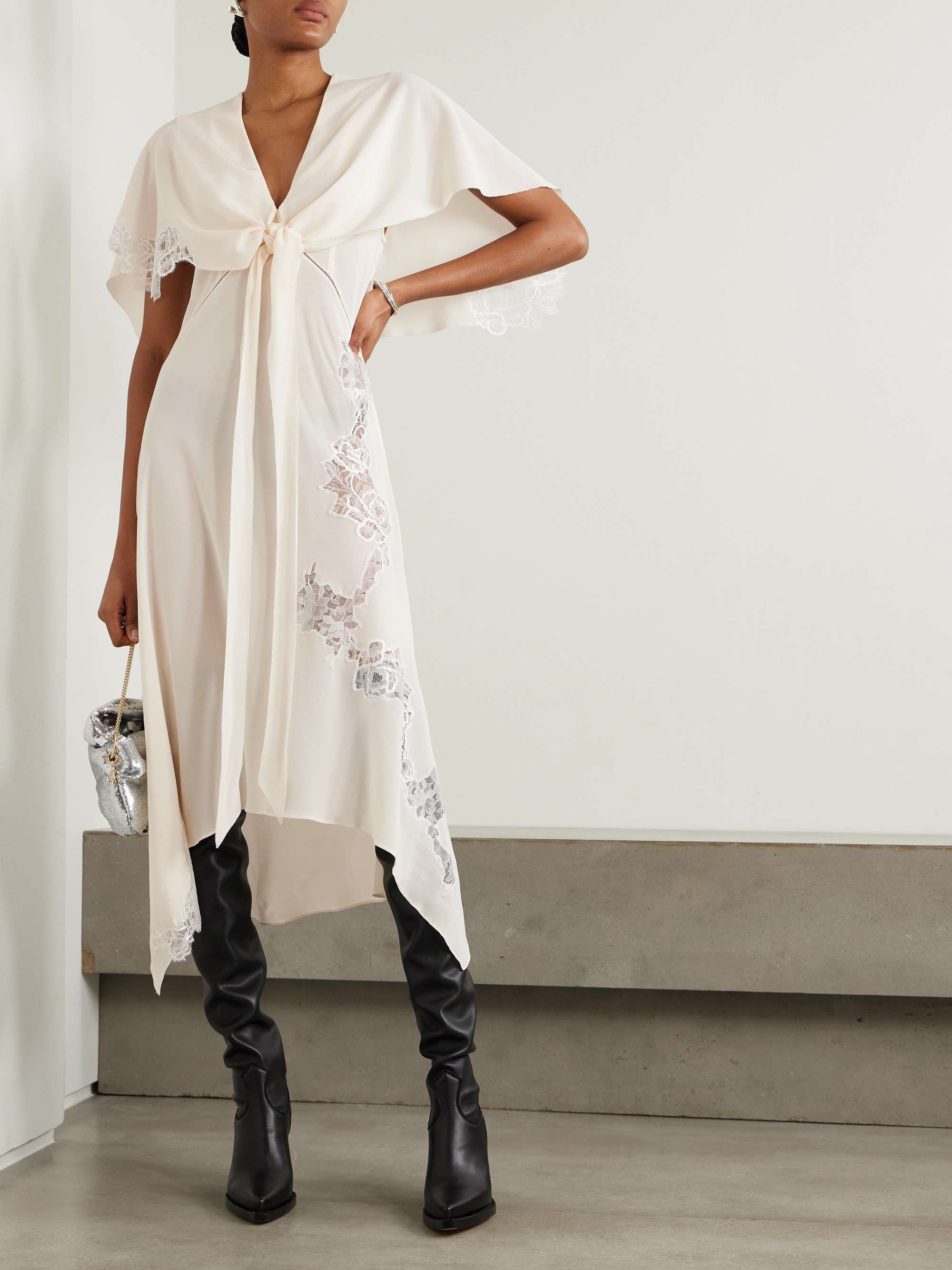 Stella McCartney - Layered lace-trimmed silk crepe de chine midi