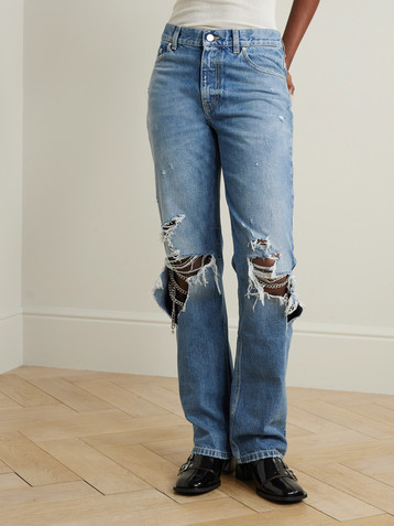 Stella McCartney Falabella distressed embellished high-rise straight-leg jeans