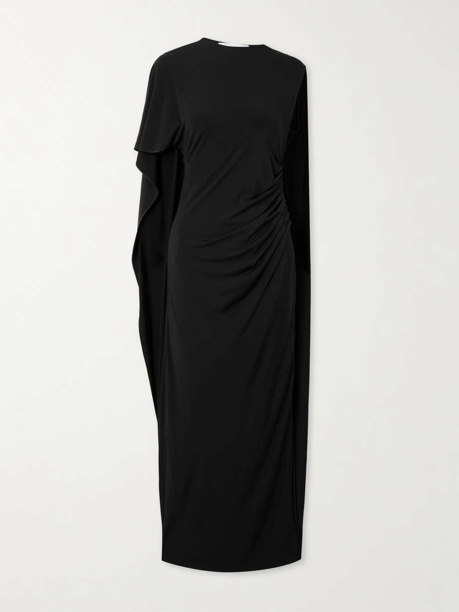 asymmetric cape-effect stretch-satin gown