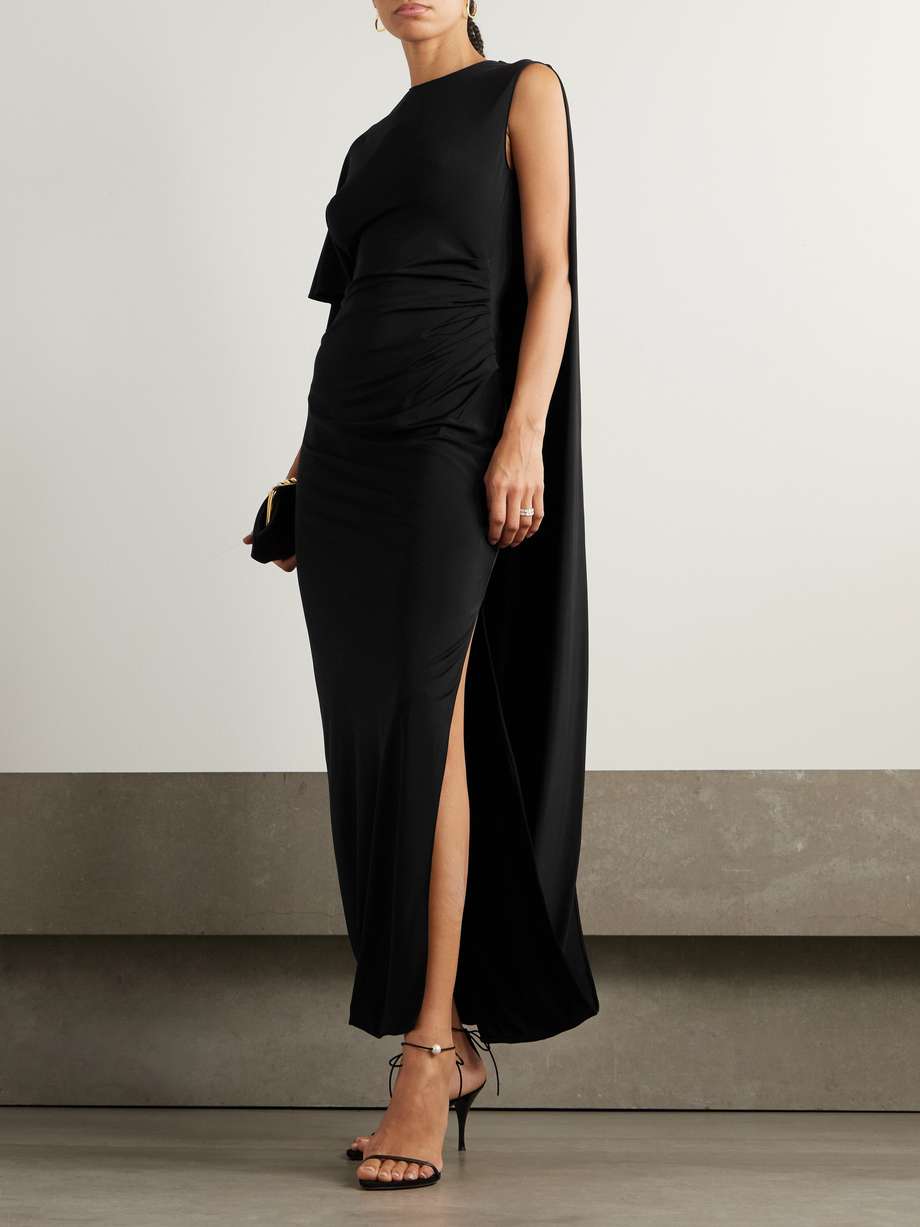 asymmetric cape-effect stretch-satin gown