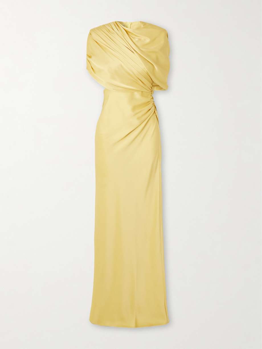 open-back cape-effect draped satin gown
