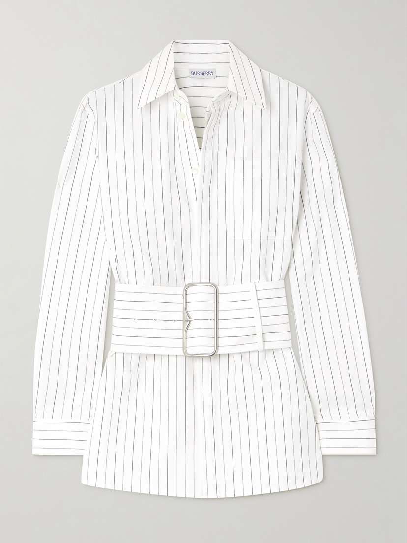 Burberry Belted Pinstriped Cotton-poplin Shirt - UK 8