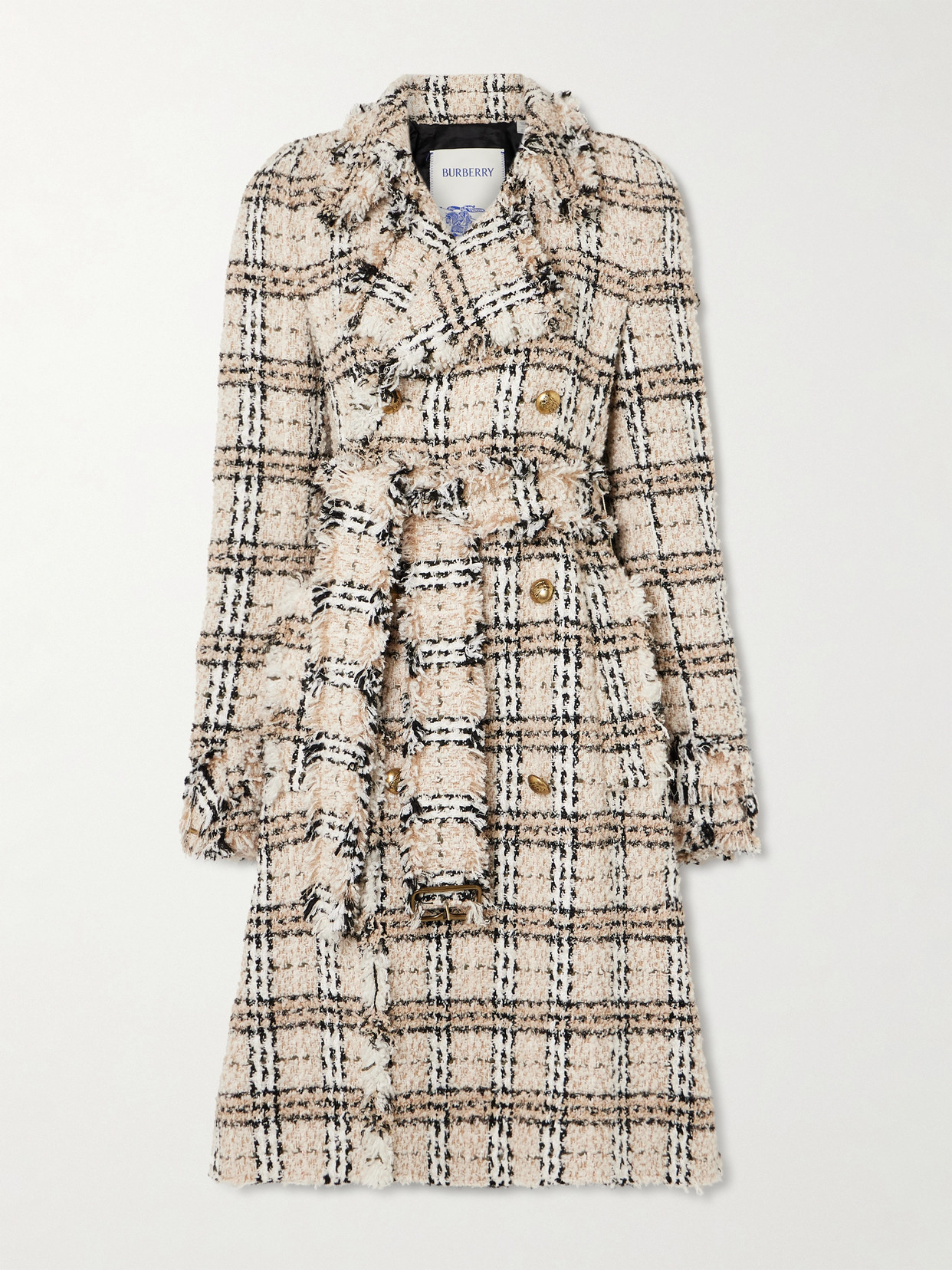 Burberry Double-breasted Belted Frayed Metallic Tweed Coat In Cream