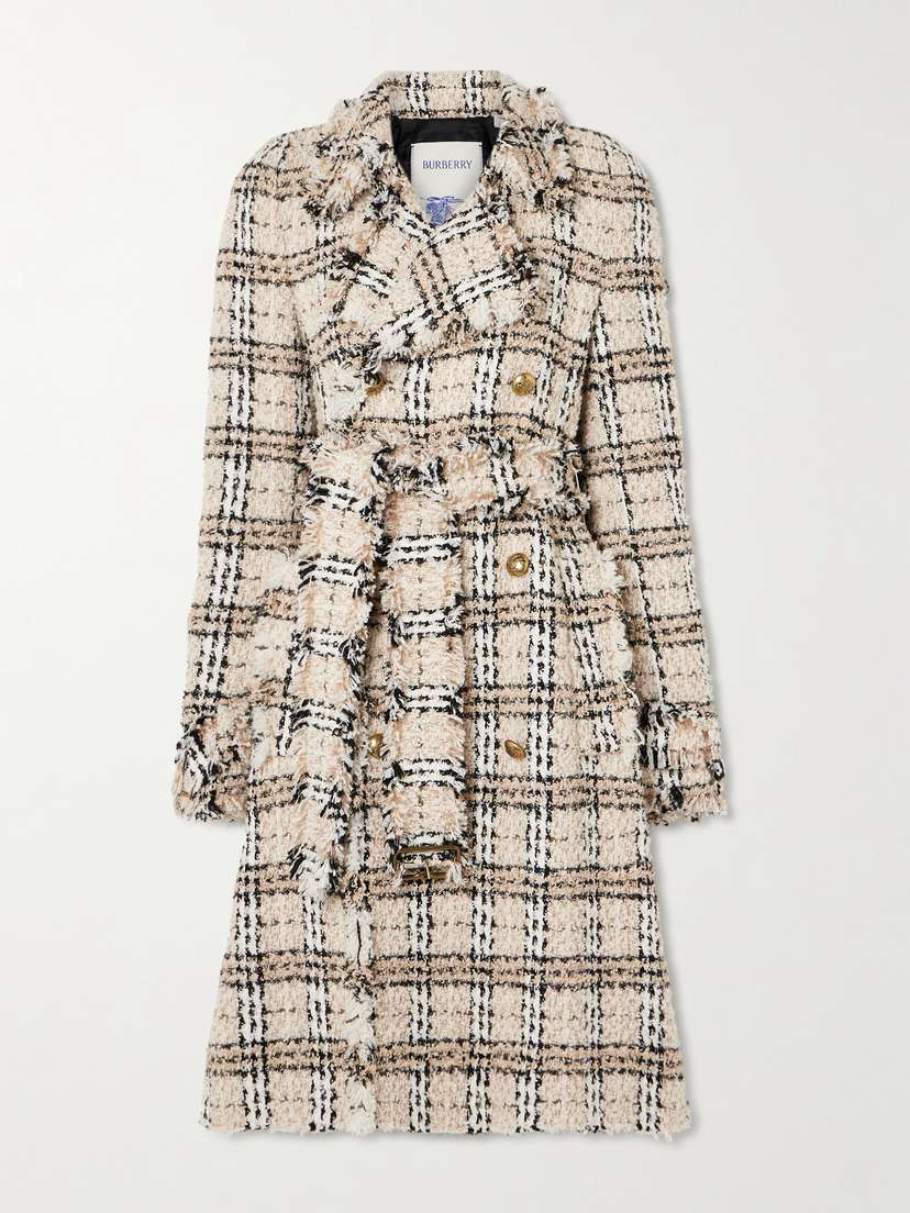 Burberry Double-breasted Belted Frayed Metallic Tweed Coat