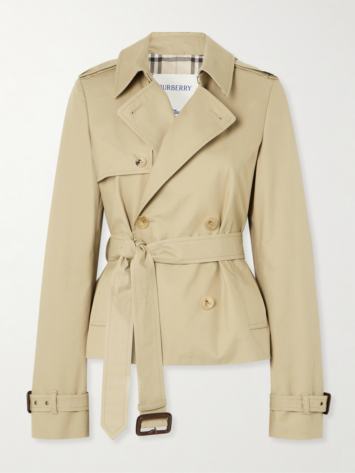 Burberry Waterloo Cropped Double-breasted Leather-trimmed Gabardine Trench Coat In Brown