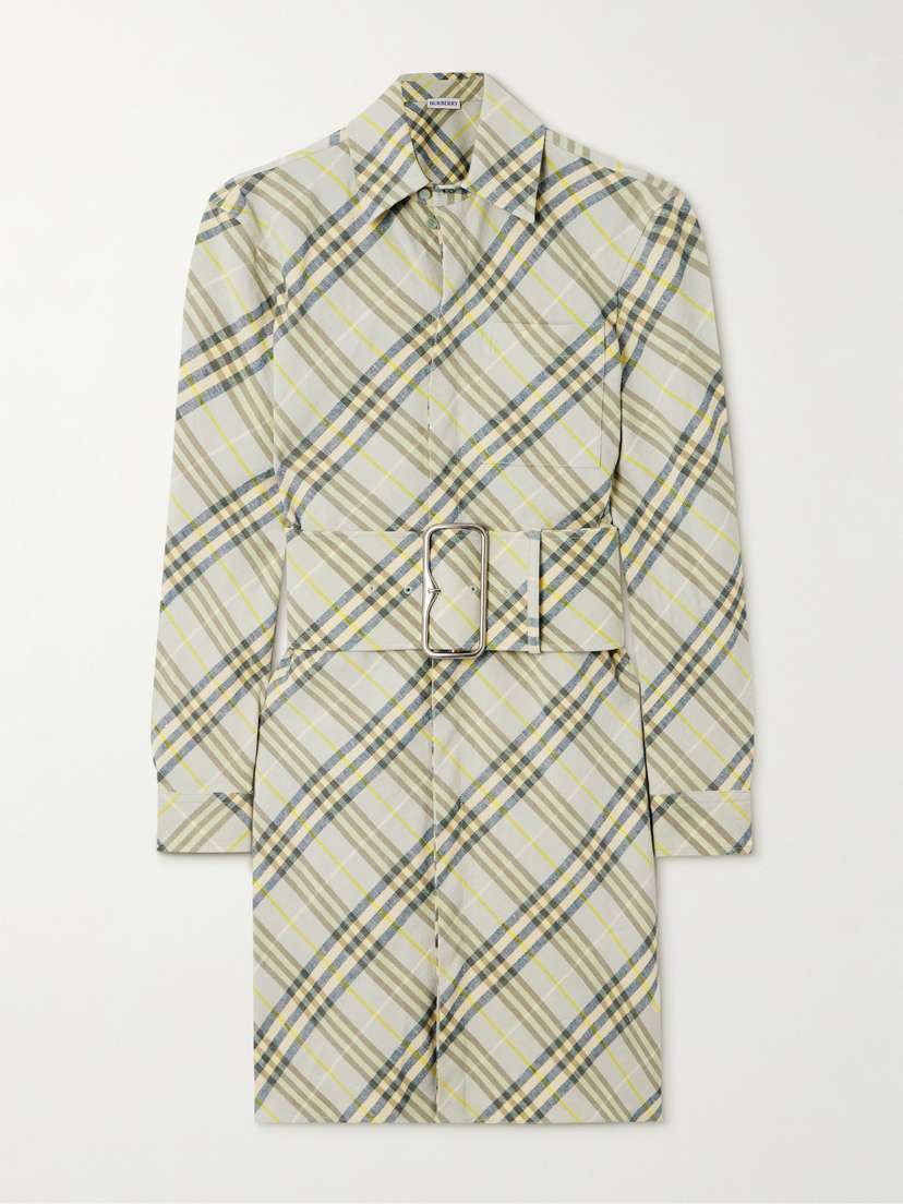 Burberry Belted Checked Linen-bend Mini Shirt Dress