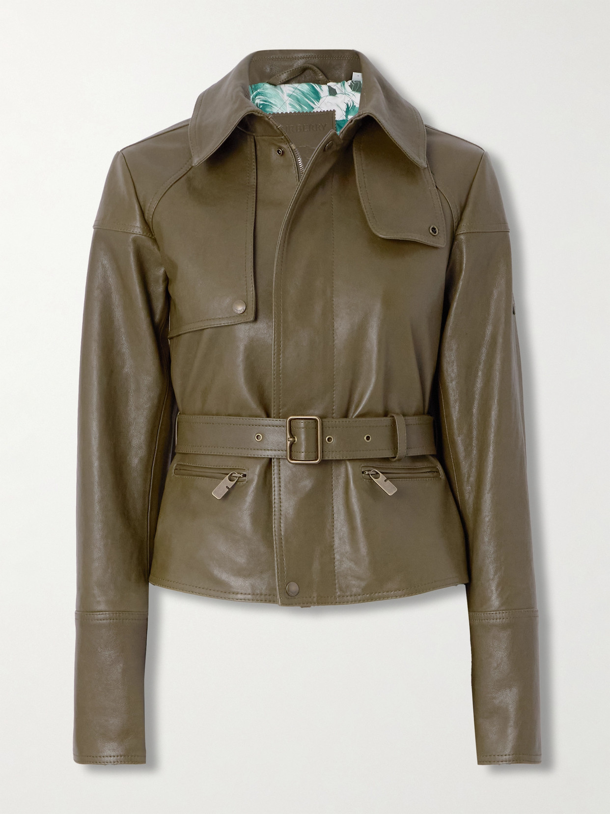 Burberry Belted Leather Jacket In Green