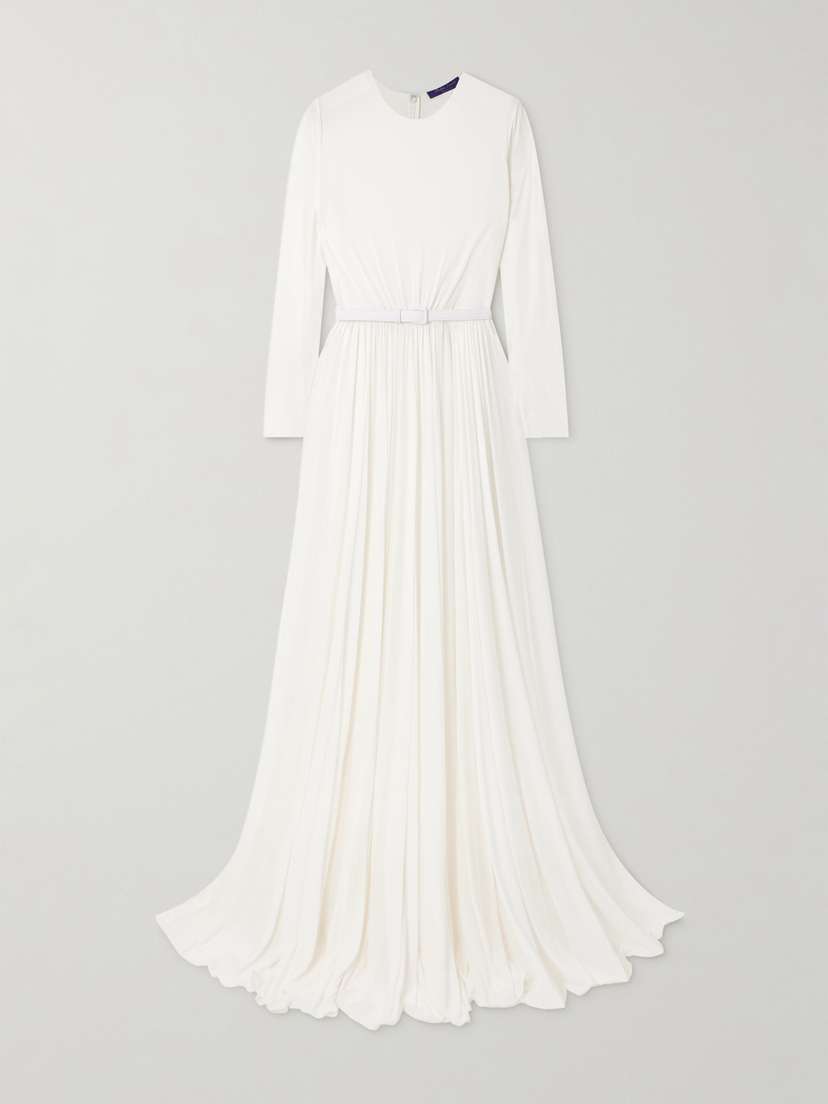 Ralph Lauren Collection Belted Leather-trimmed Pleated Crepe-jersey Maxi Dress