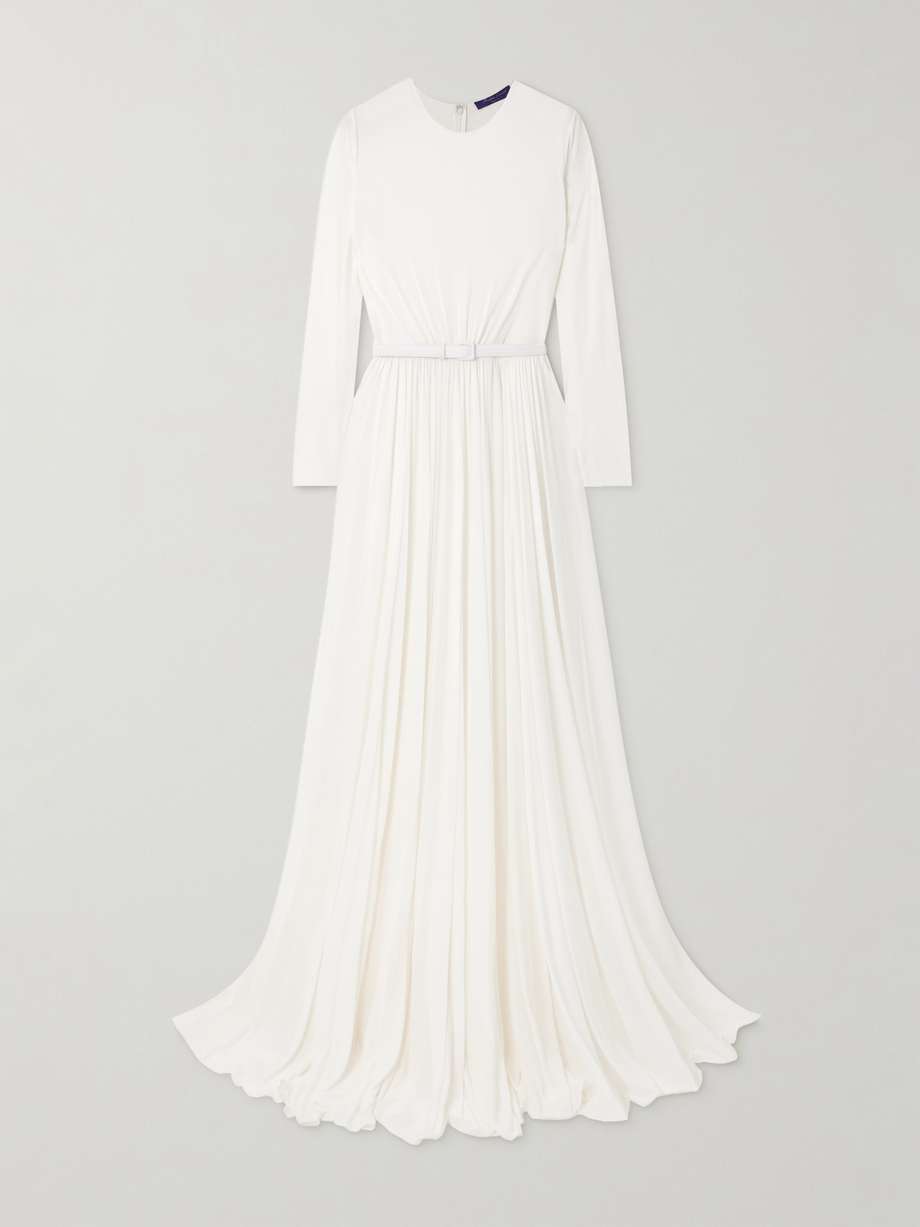 belted leather-trimmed pleated crepe-jersey maxi dress