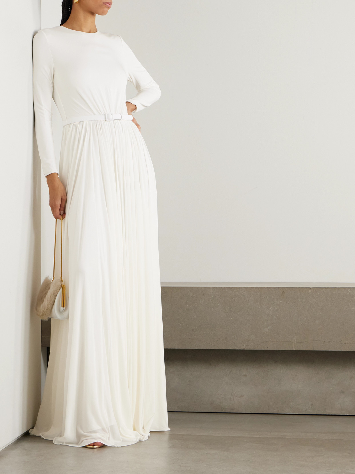 Shop Polo Ralph Lauren Belted Leather-trimmed Pleated Crepe-jersey Maxi Dress In White