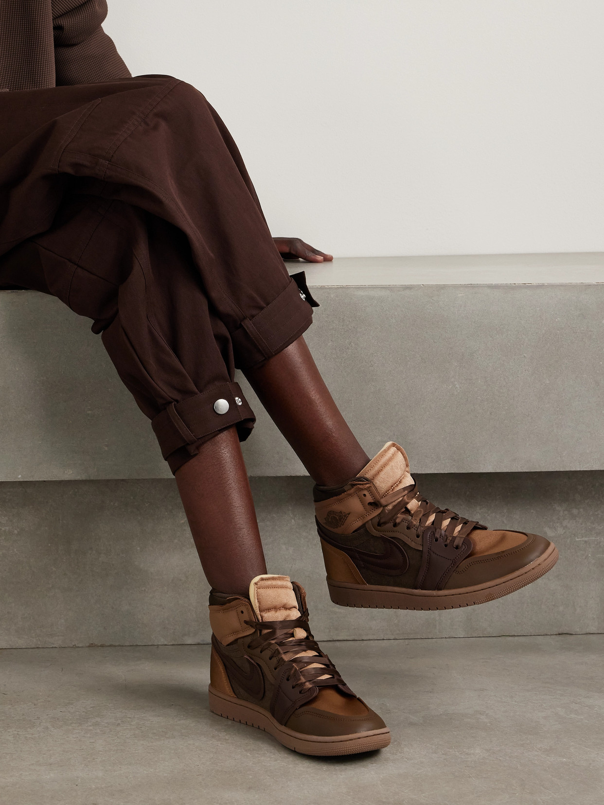 Nike Air Jordan 1 High Satin-trimmed Leather And Twill Sneakers In Brown