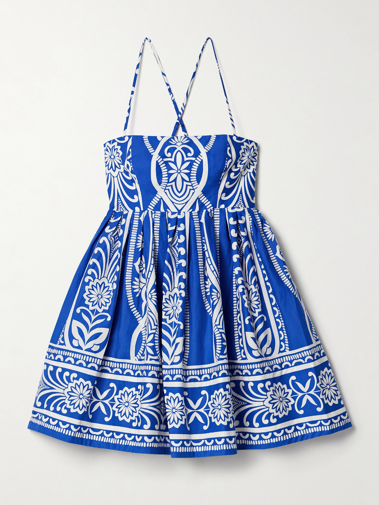 Cara Cara - Leo Pleated Printed Cotton-poplin Mini Dress - Cobalt blue