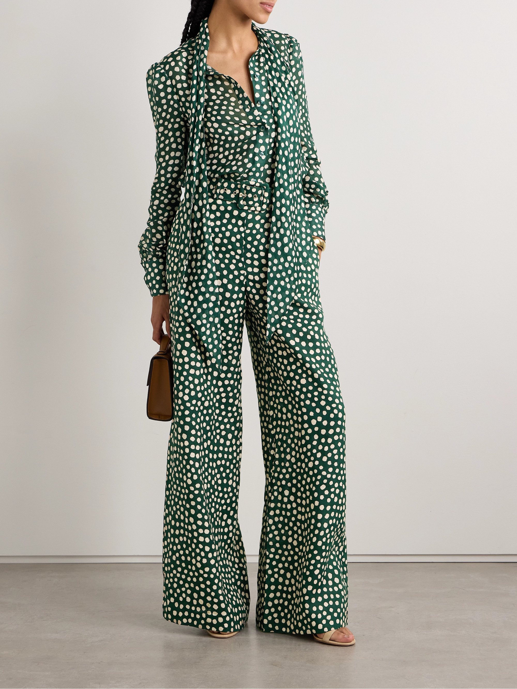 Cara Cara Mayflower belted polka-dot linen wide-leg pants