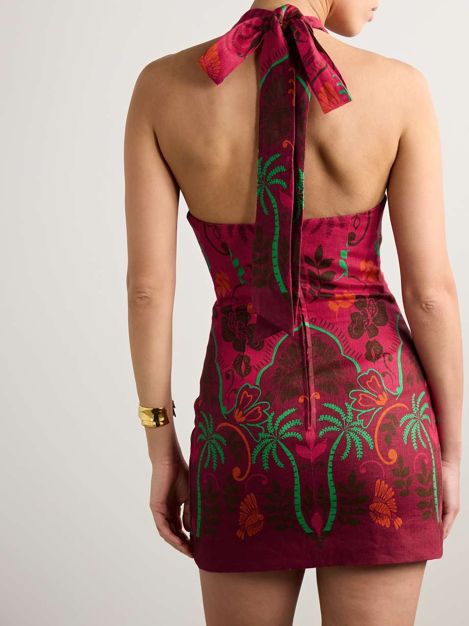 perla printed linen halterneck mini dress