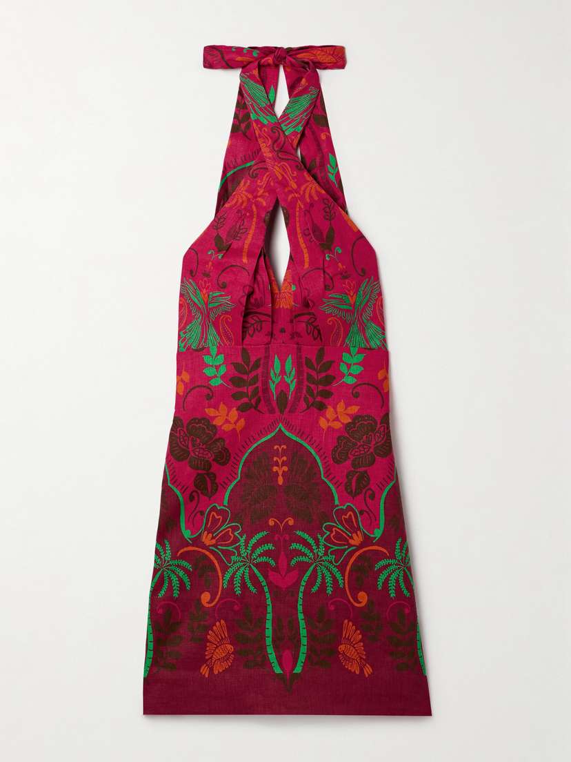 Cara Cara Perla Printed Linen Halterneck Mini Dress