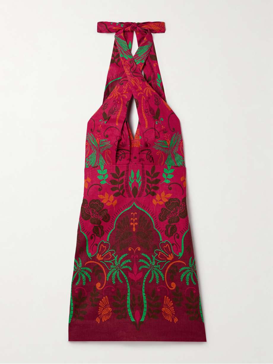 perla printed linen halterneck mini dress