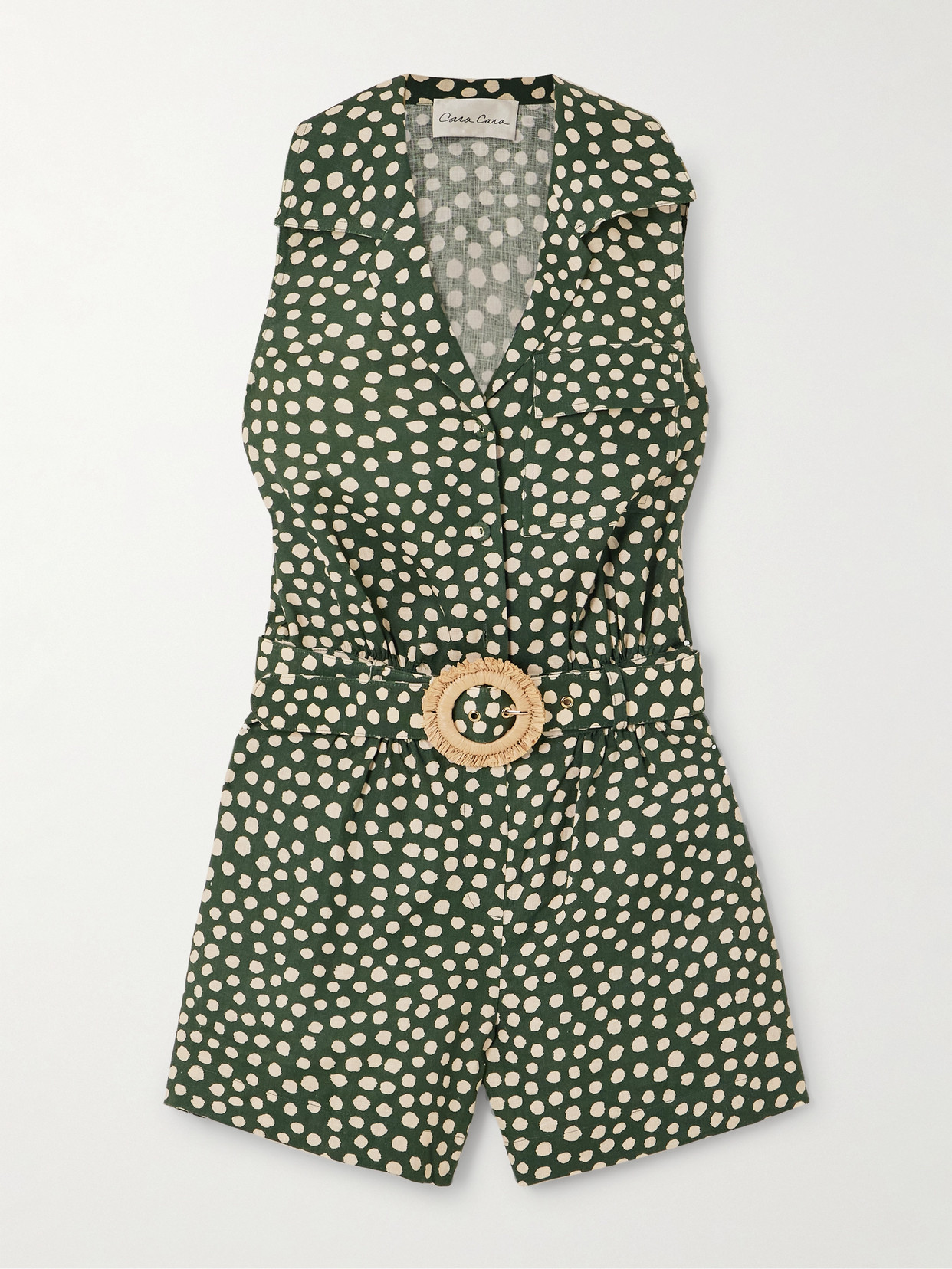 Cara Cara Yuki Belted Pleated Polka-dot Linen Playsuit In Green