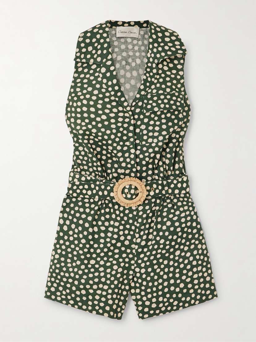 Cara Cara Yuki Belted Pleated Polka-dot Linen Playsuit