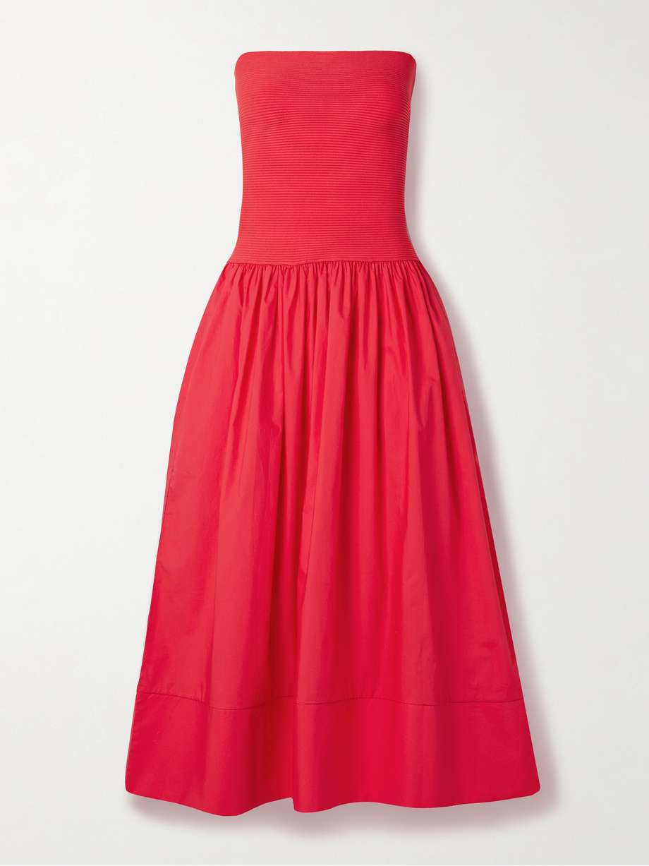 glasbury strapless ribbed-knit and gathered cotton-poplin midi dress