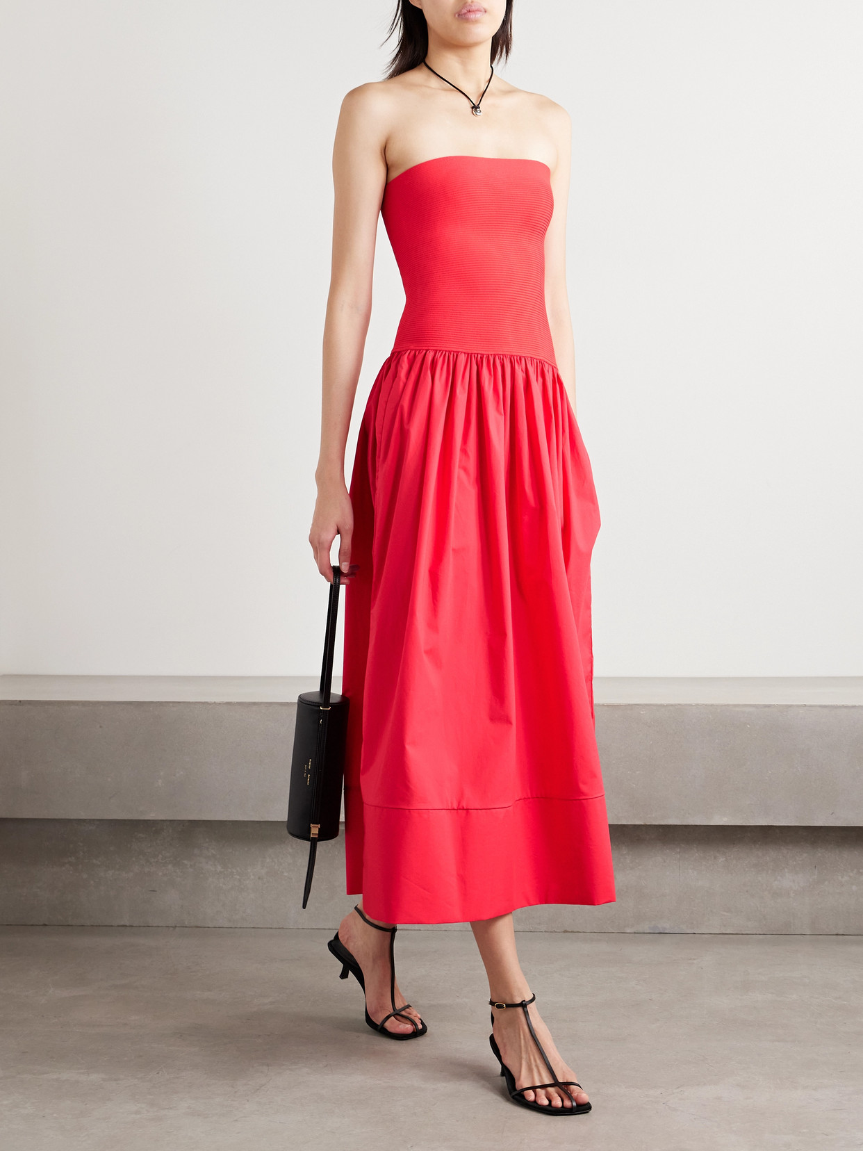 CARA CARA GLASBURY STRAPLESS RIBBED-KNIT AND GATHERED COTTON-POPLIN MIDI DRESS