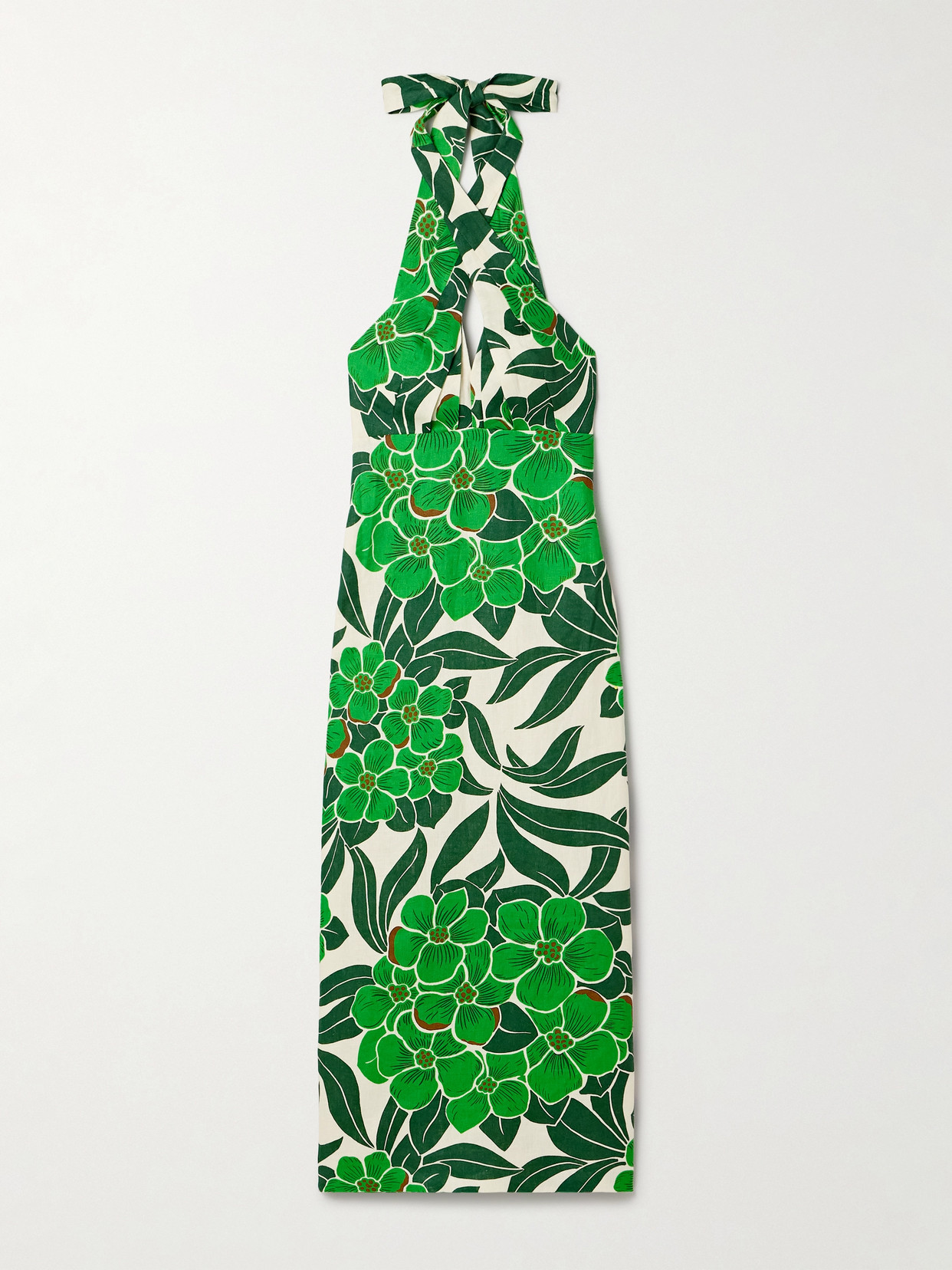 Cara Cara Perla Printed Linen Halterneck Midi Dress In Green