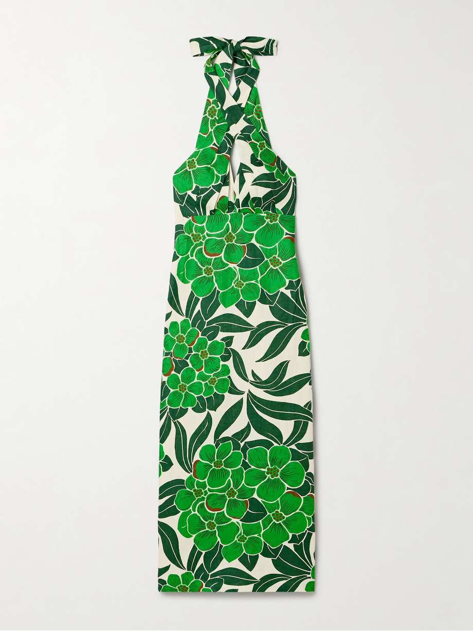 perla printed linen halterneck midi dress