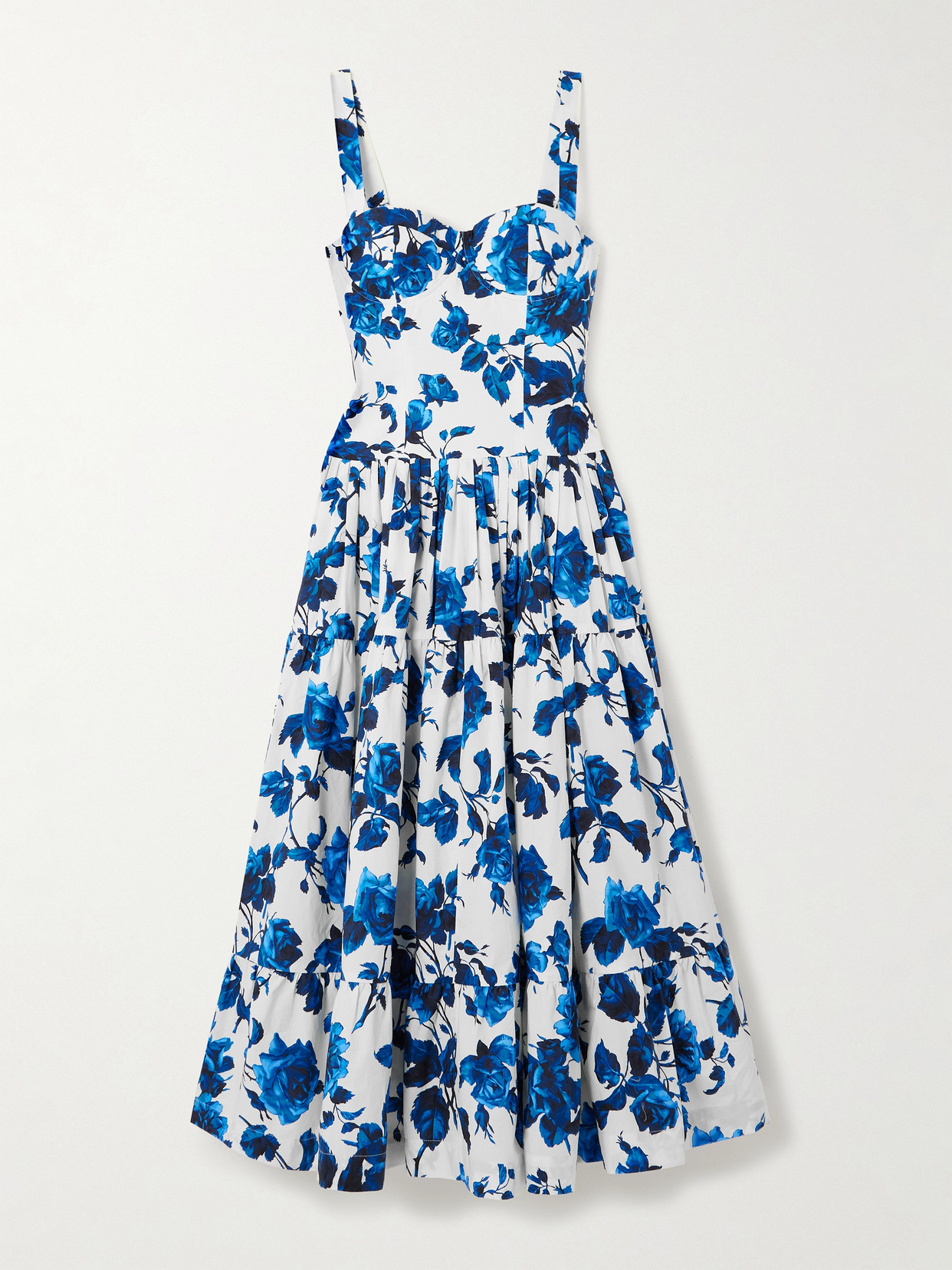 Cara Cara Santiago Bustier Tiered Floral Poplin Midi Dress In Blue