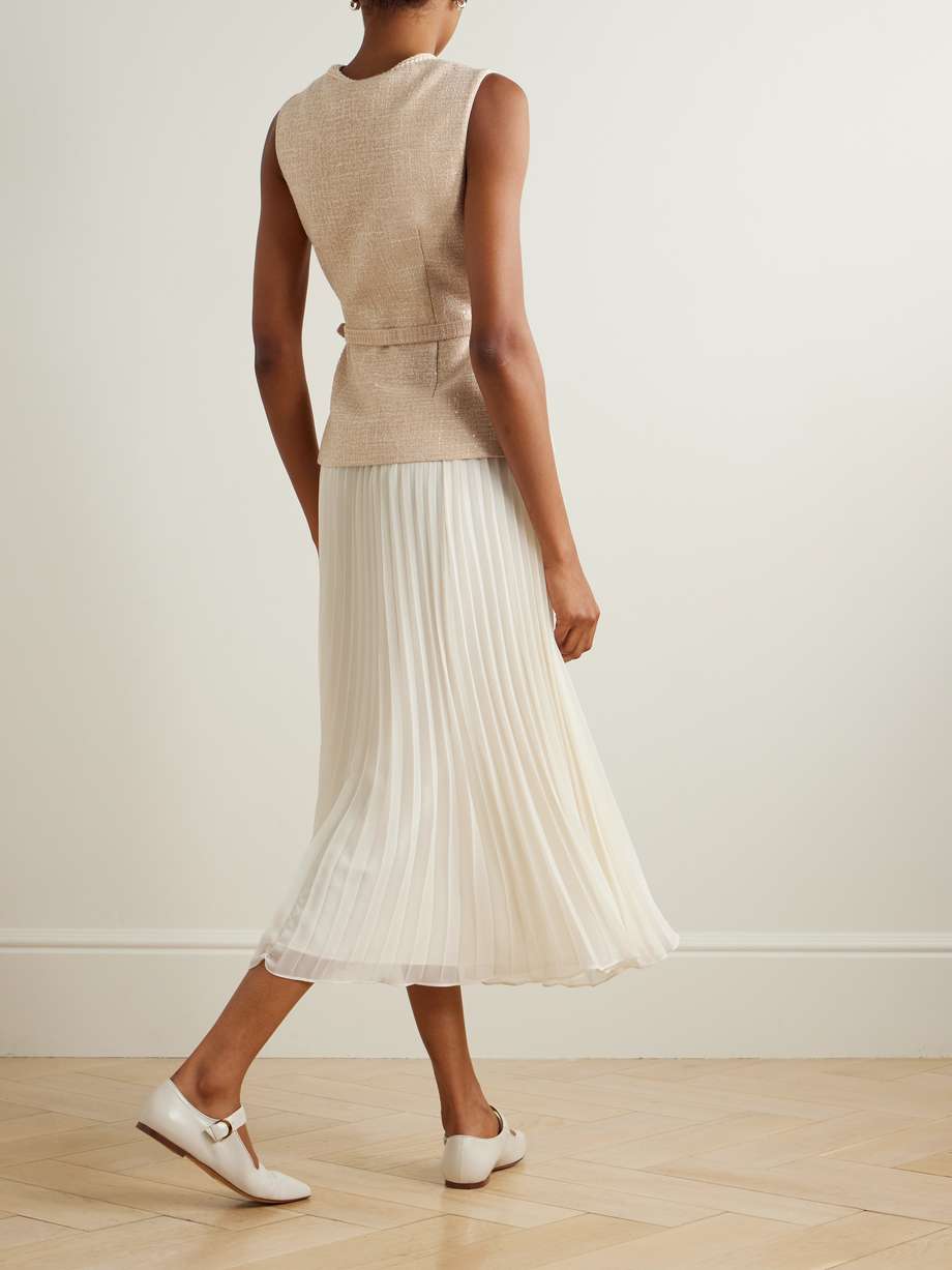 belted layered crystal-embellished sequined bouclé and pleated chiffon midi dress