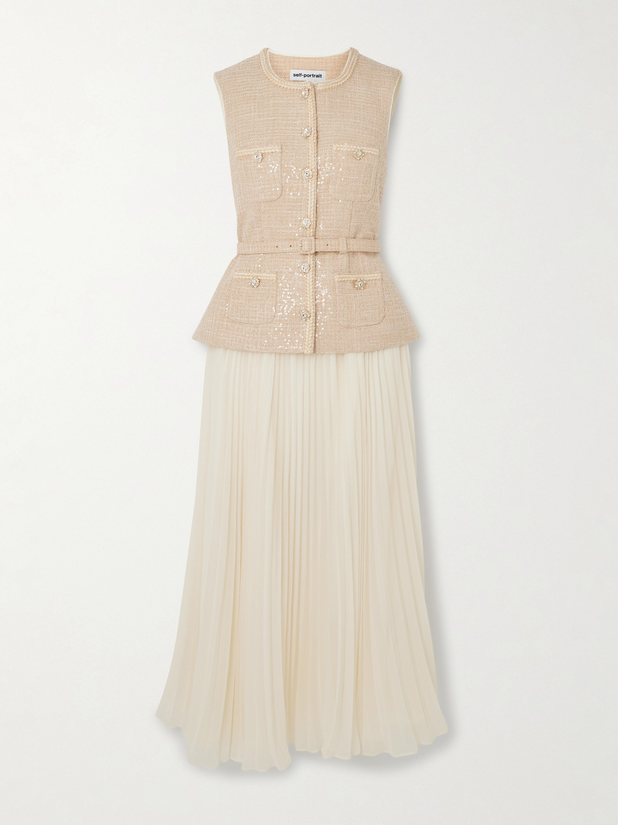 Self-portrait Belted Layered Crystal-embellished Sequined Bouclé And Pleated Chiffon Midi Dress In Cream
