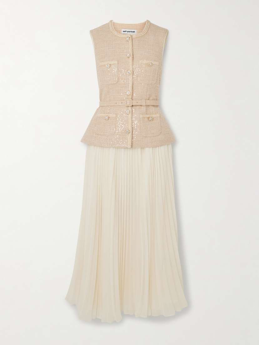 Self-Portrait Belted Layered Crystal-embellished Sequined Bouclé And Pleated Chiffon Midi Dress