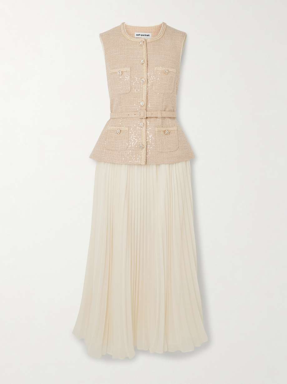 belted layered crystal-embellished sequined bouclé and pleated chiffon midi dress