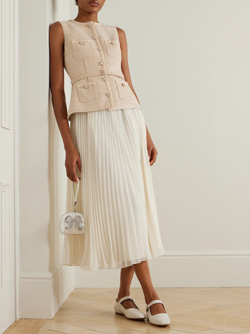 self-portrait Belted layered crystal-embellished sequined bouclé and pleated chiffon midi dress