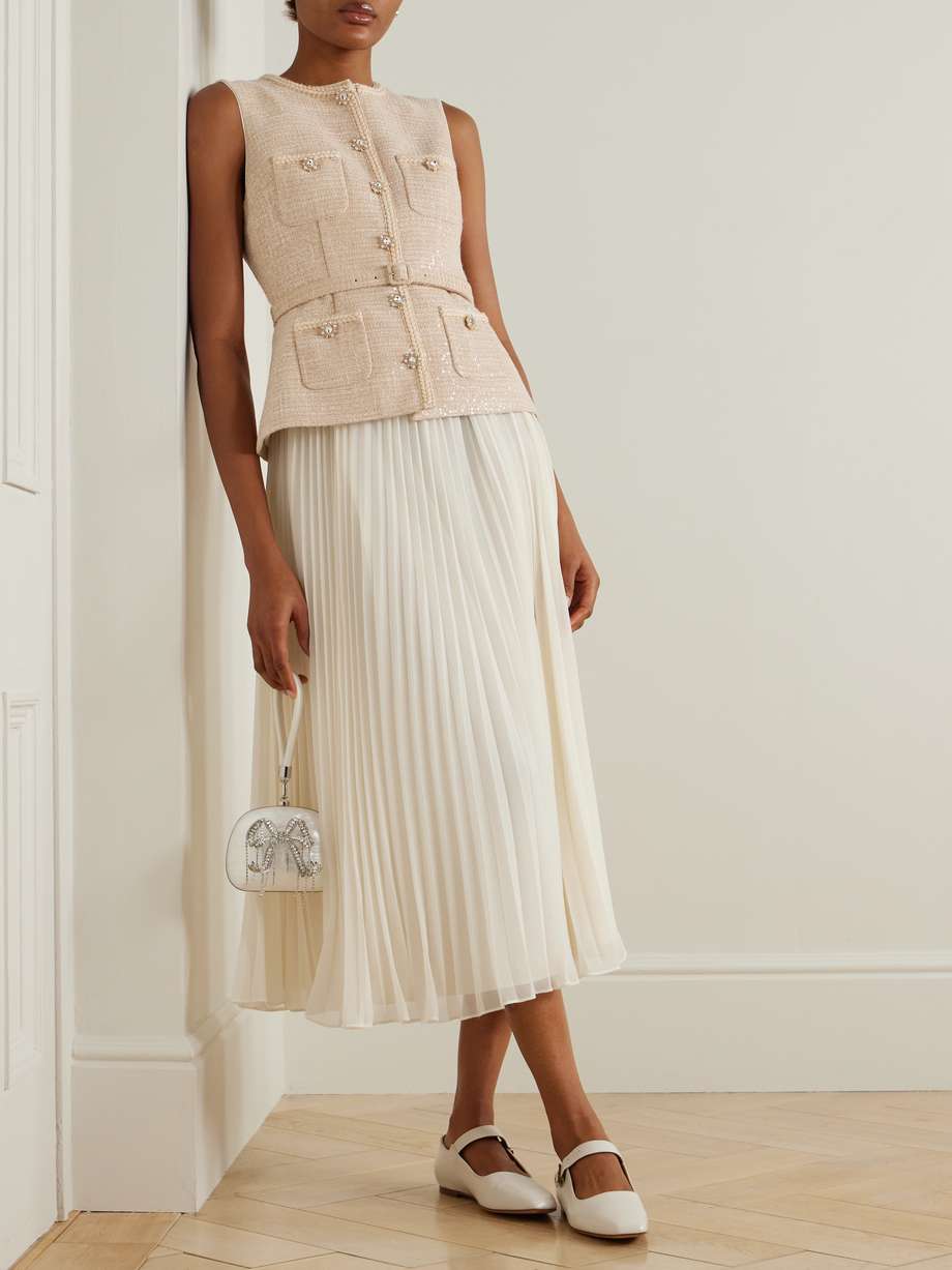 belted layered crystal-embellished sequined bouclé and pleated chiffon midi dress