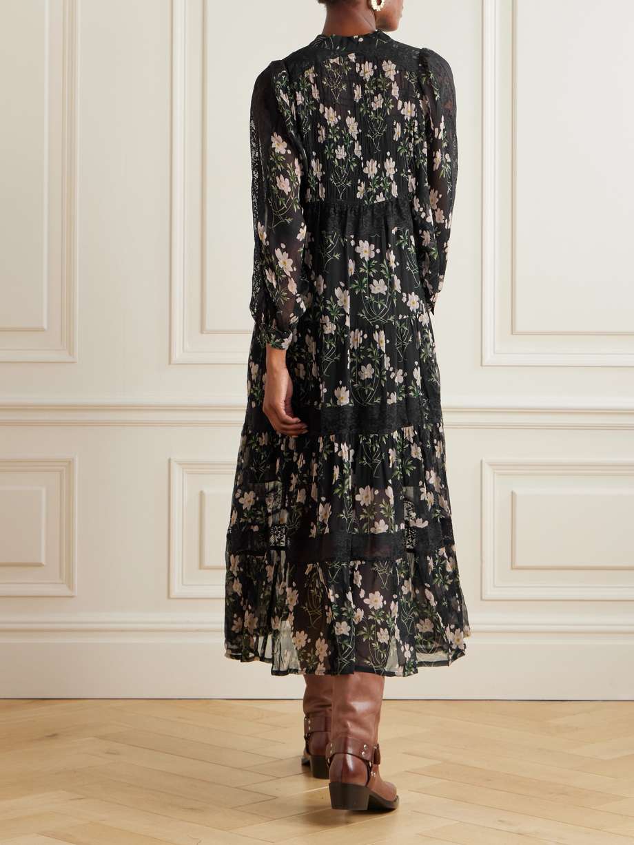 elizabeth tiered lace-trimmed floral-print crepon midi dress