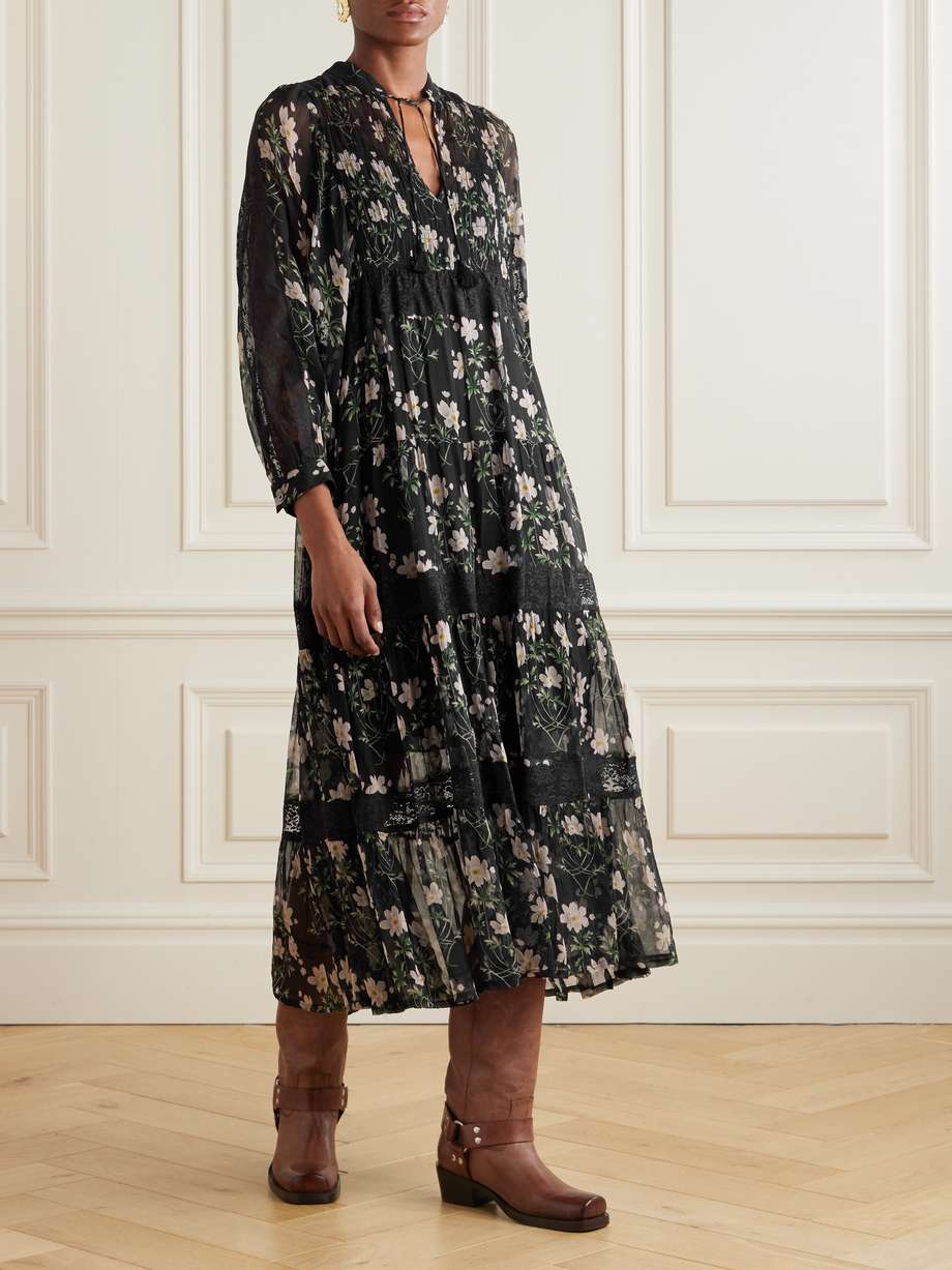 elizabeth tiered lace-trimmed floral-print crepon midi dress