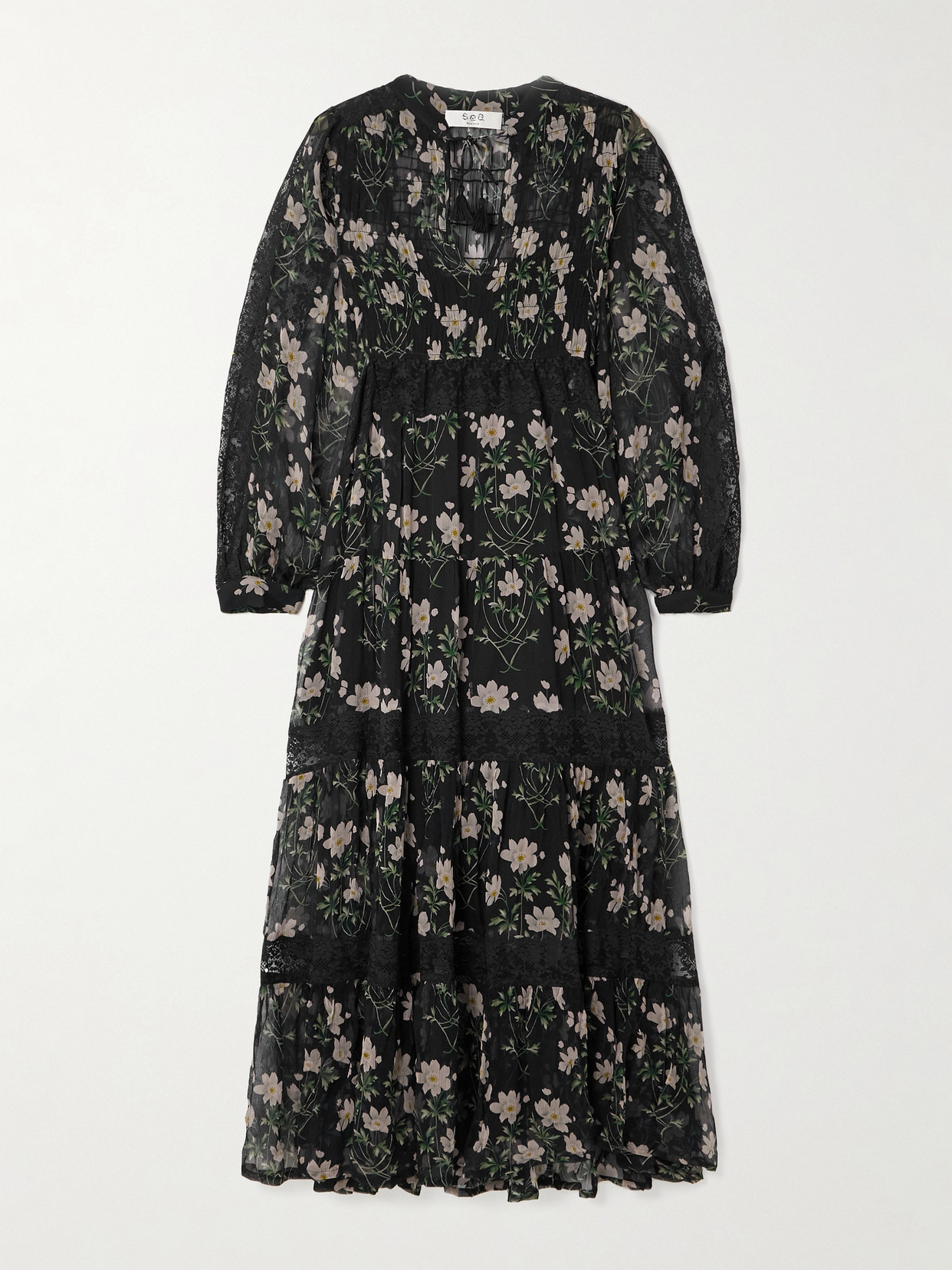 Sea Elizabeth Tiered Lace-trimmed Floral-print Crepon Midi Dress In Black