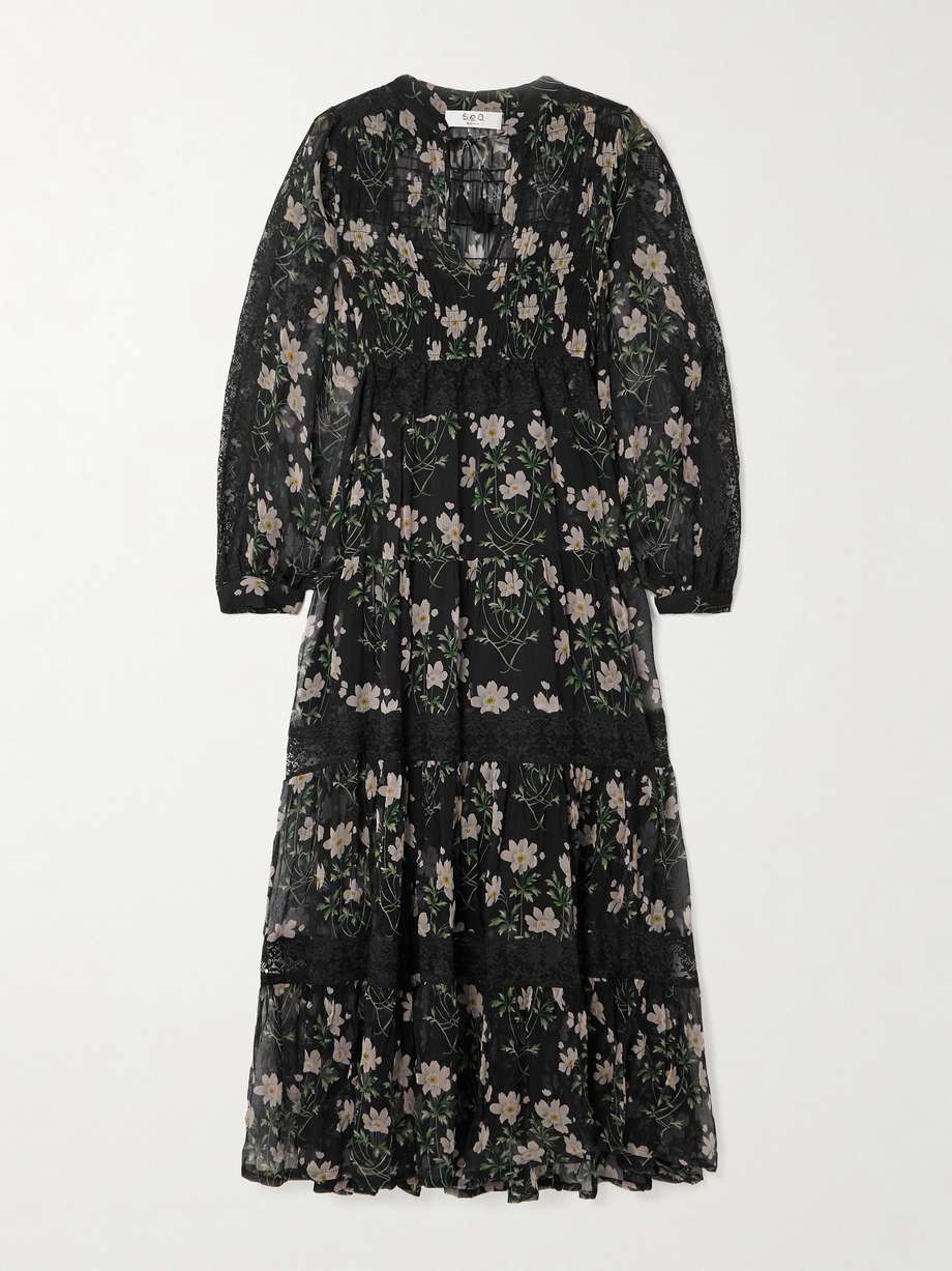 elizabeth tiered lace-trimmed floral-print crepon midi dress