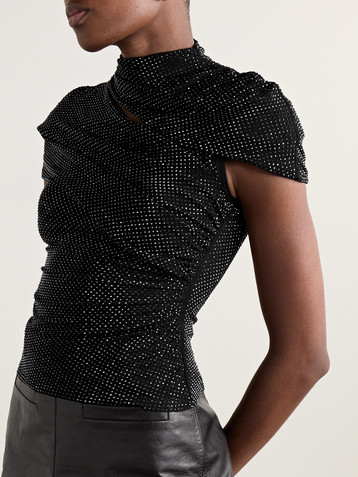 self-portrait Cutout crystal-embellished mesh turtleneck top