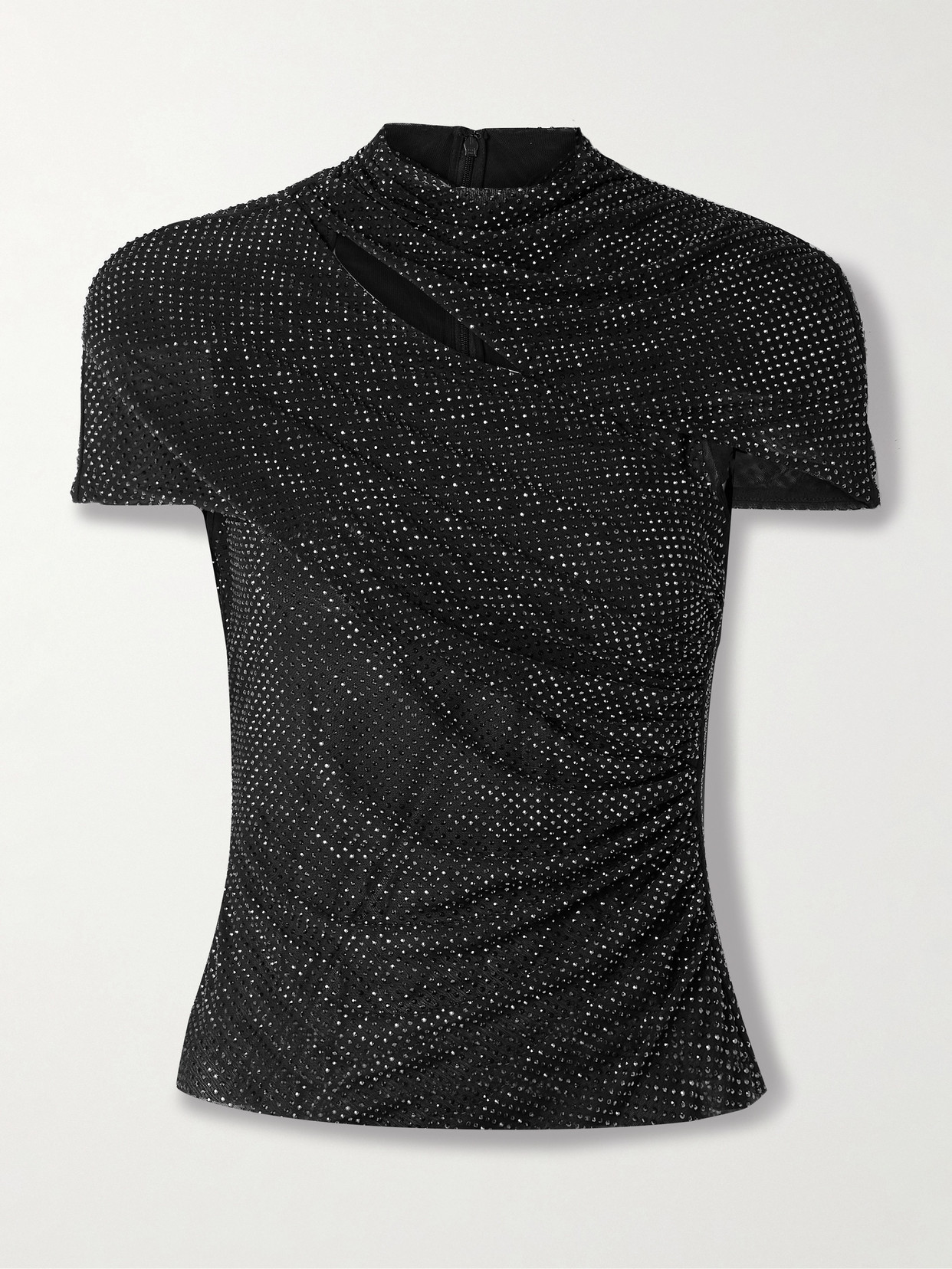 Self-portrait Crystal-embellished Draped Mesh Top In Black