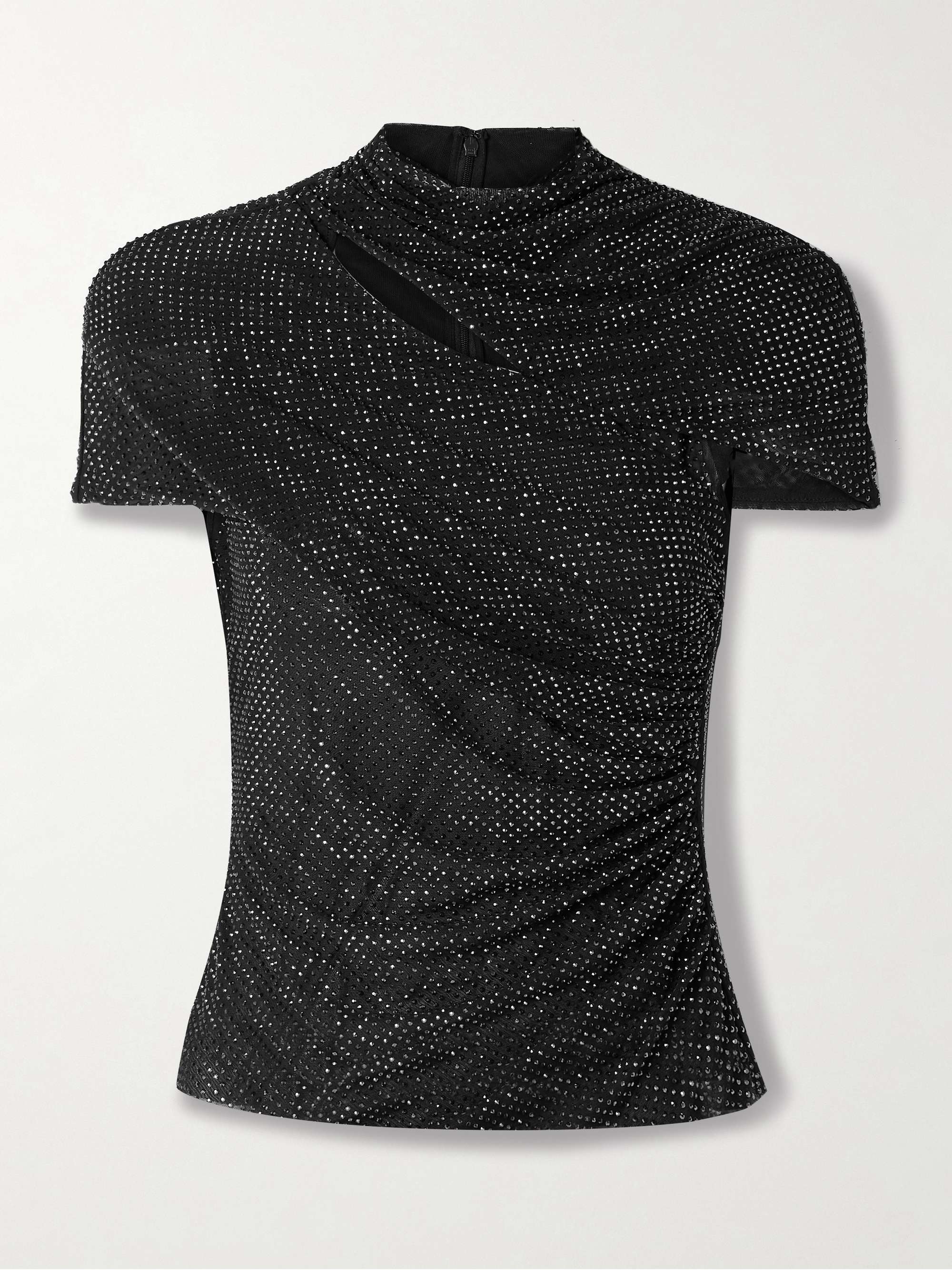 SELF-PORTRAIT Cutout crystal-embellished mesh turtleneck top