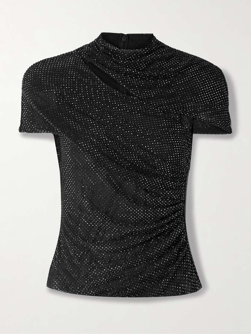 Self-Portrait Cutout Crystal-embellished Mesh Turtleneck Top