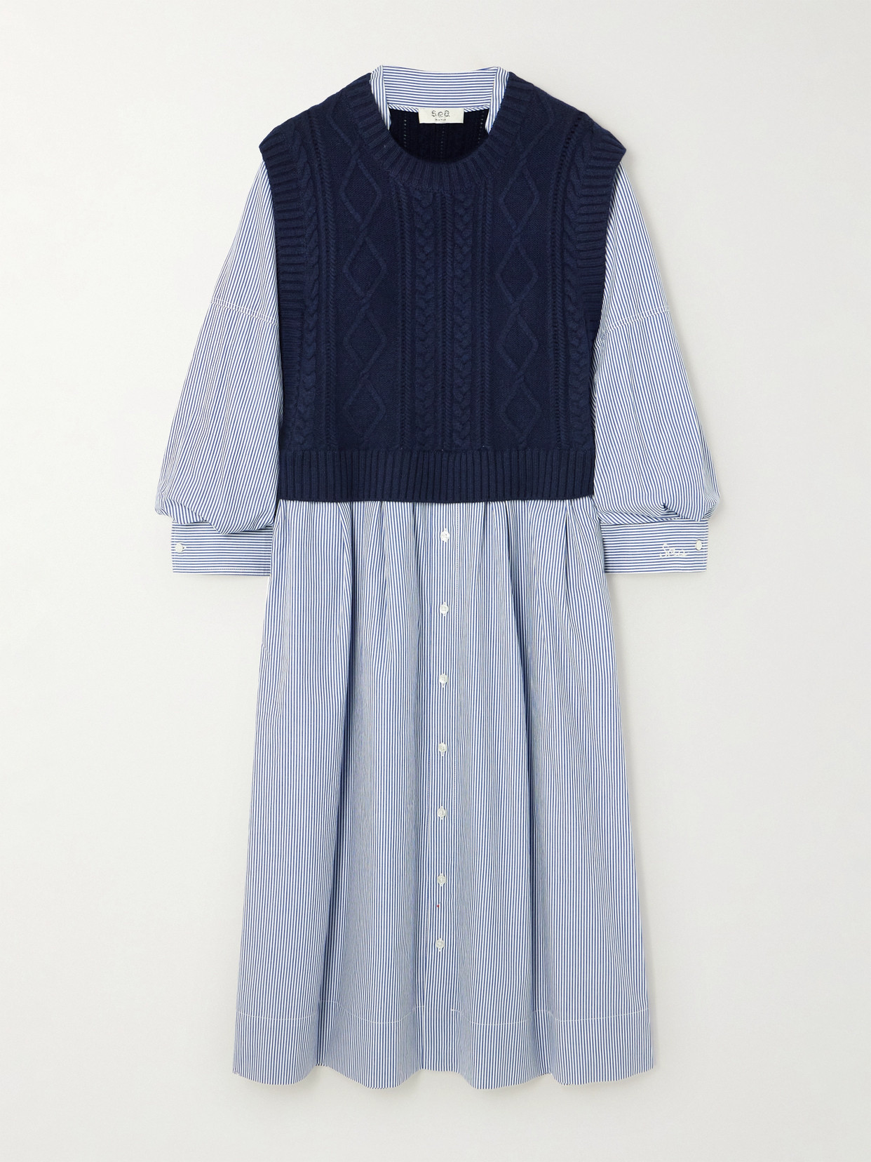 Sea - Caleb Cable-knit Merino Wool And Striped Cotton-poplin Midi Dress - Navy