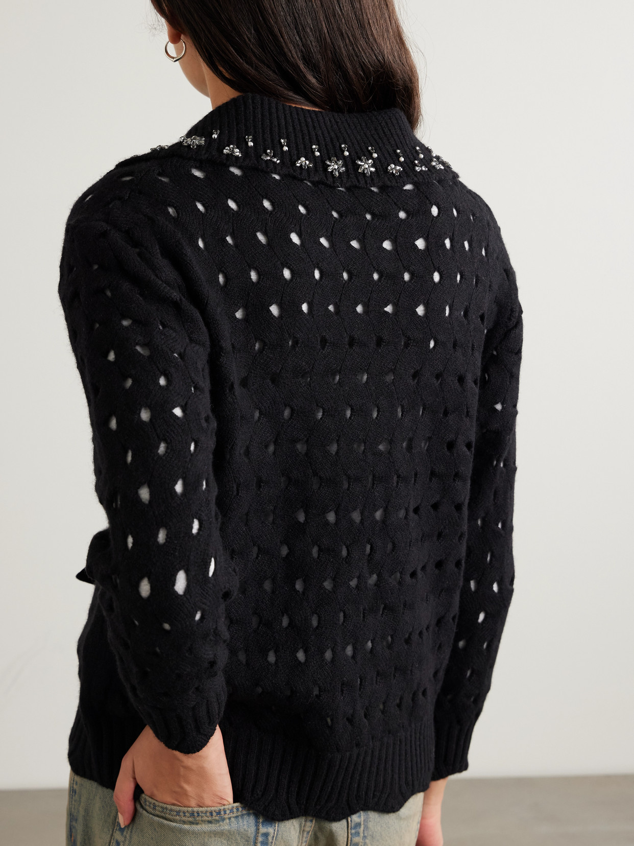Sea Leia Embellished Velvet-trimmed Open-knit Wool Cardigan In Black