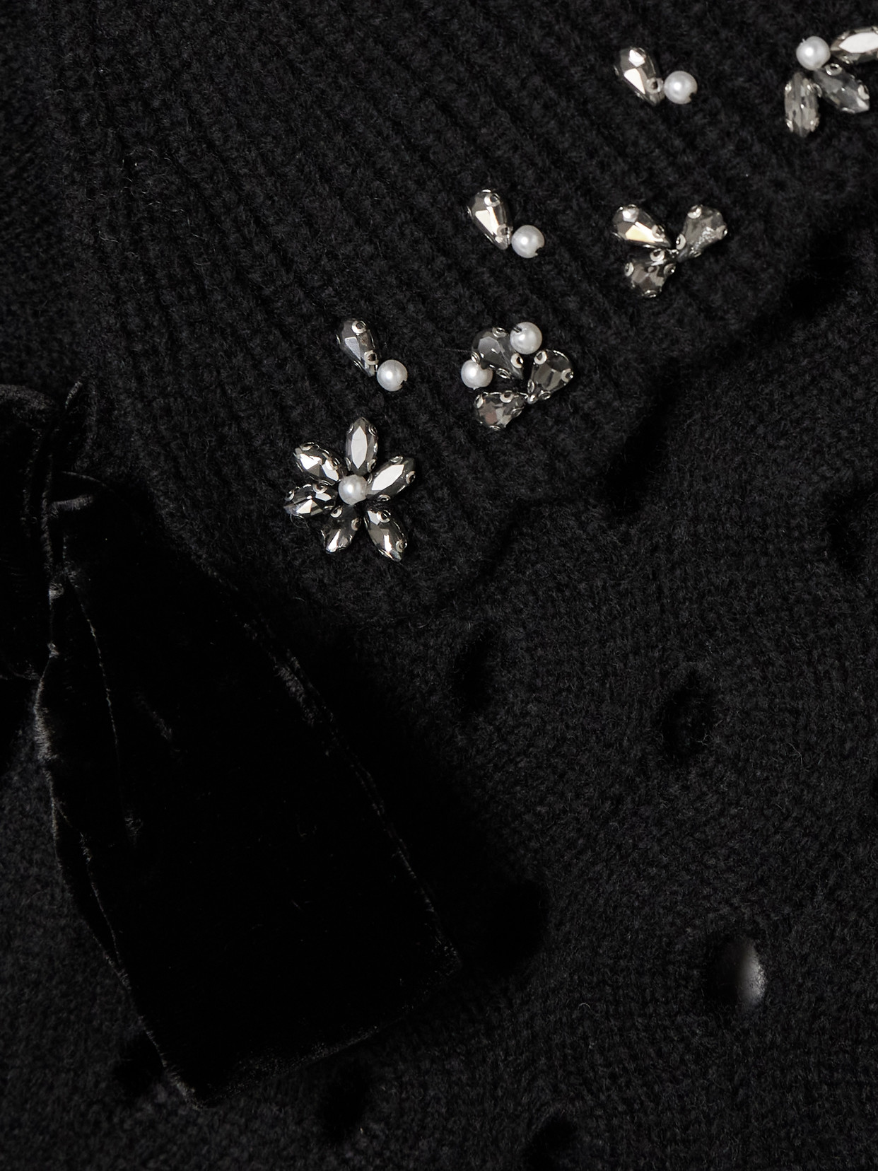 Sea Leia Embellished Velvet-trimmed Open-knit Wool Cardigan In Black