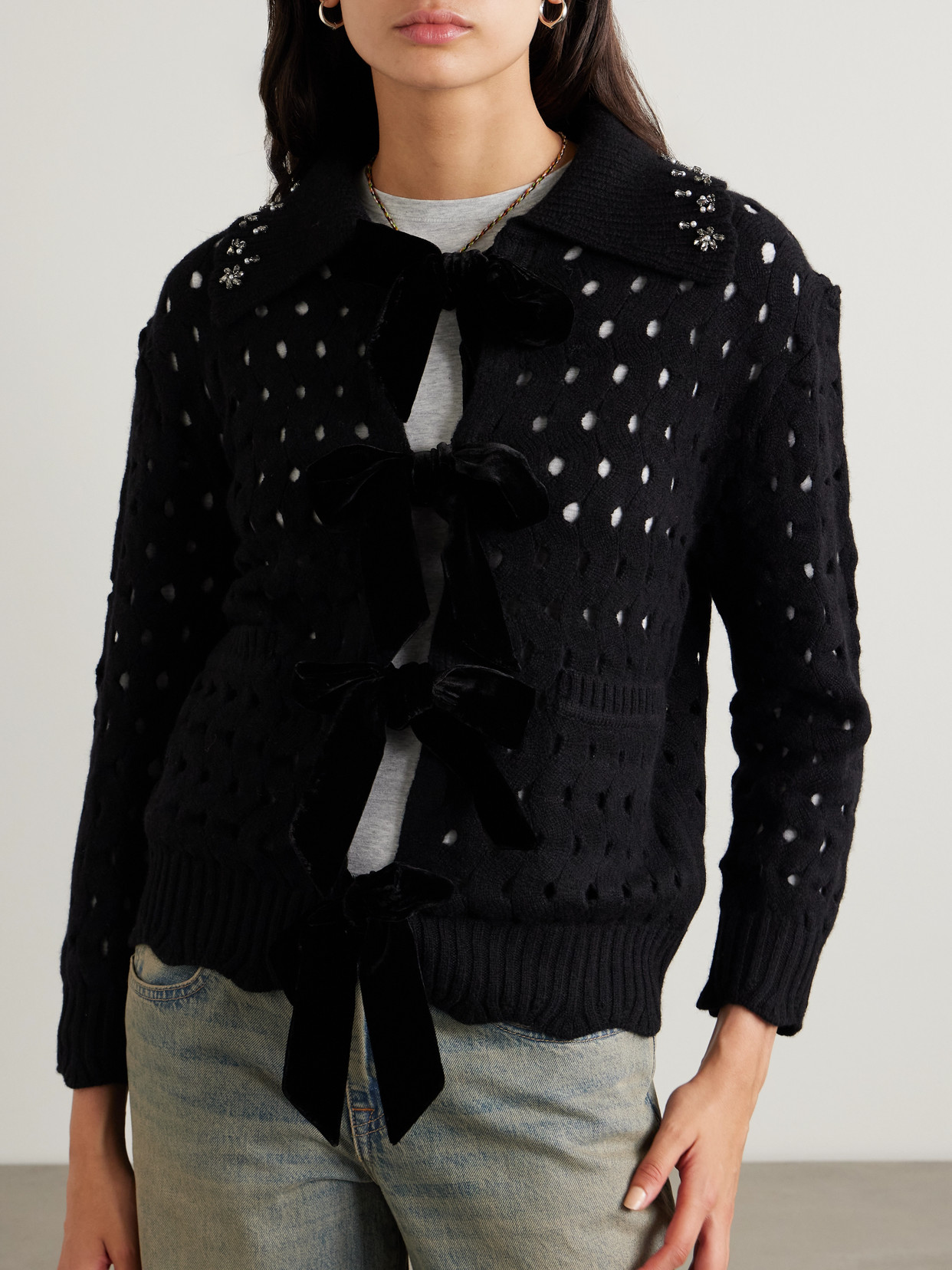 Sea Leia Embellished Velvet-trimmed Open-knit Wool Cardigan In Black