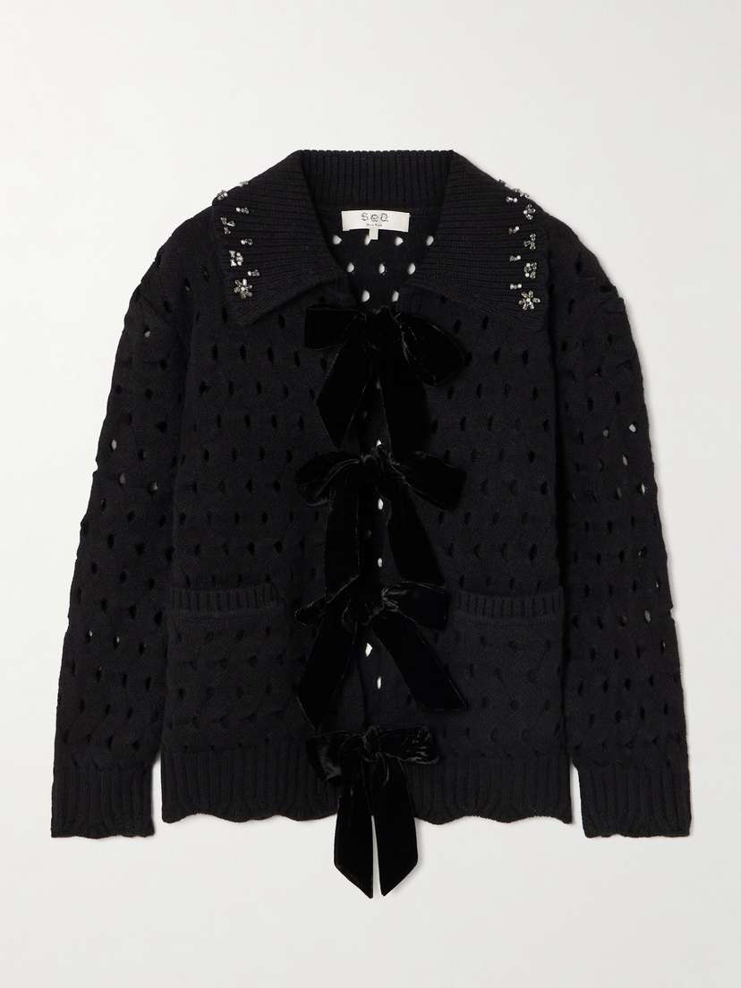 Sea Leia Embellished Velvet-trimmed Open-knit Wool Cardigan