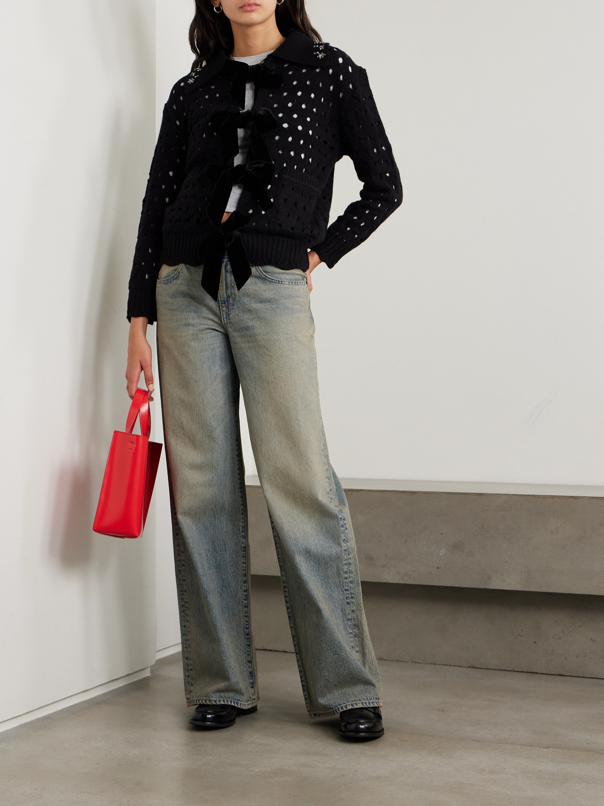 Sea Leia Embellished Velvet-trimmed Open-knit Wool Cardigan In Black
