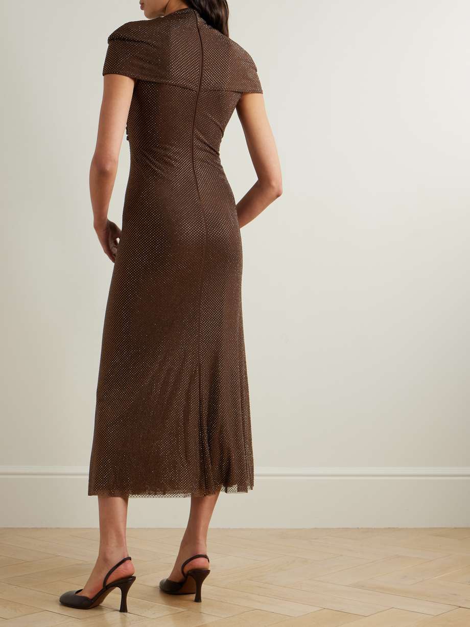 crystal-embellished ruched cutout stretch-mesh midi dress