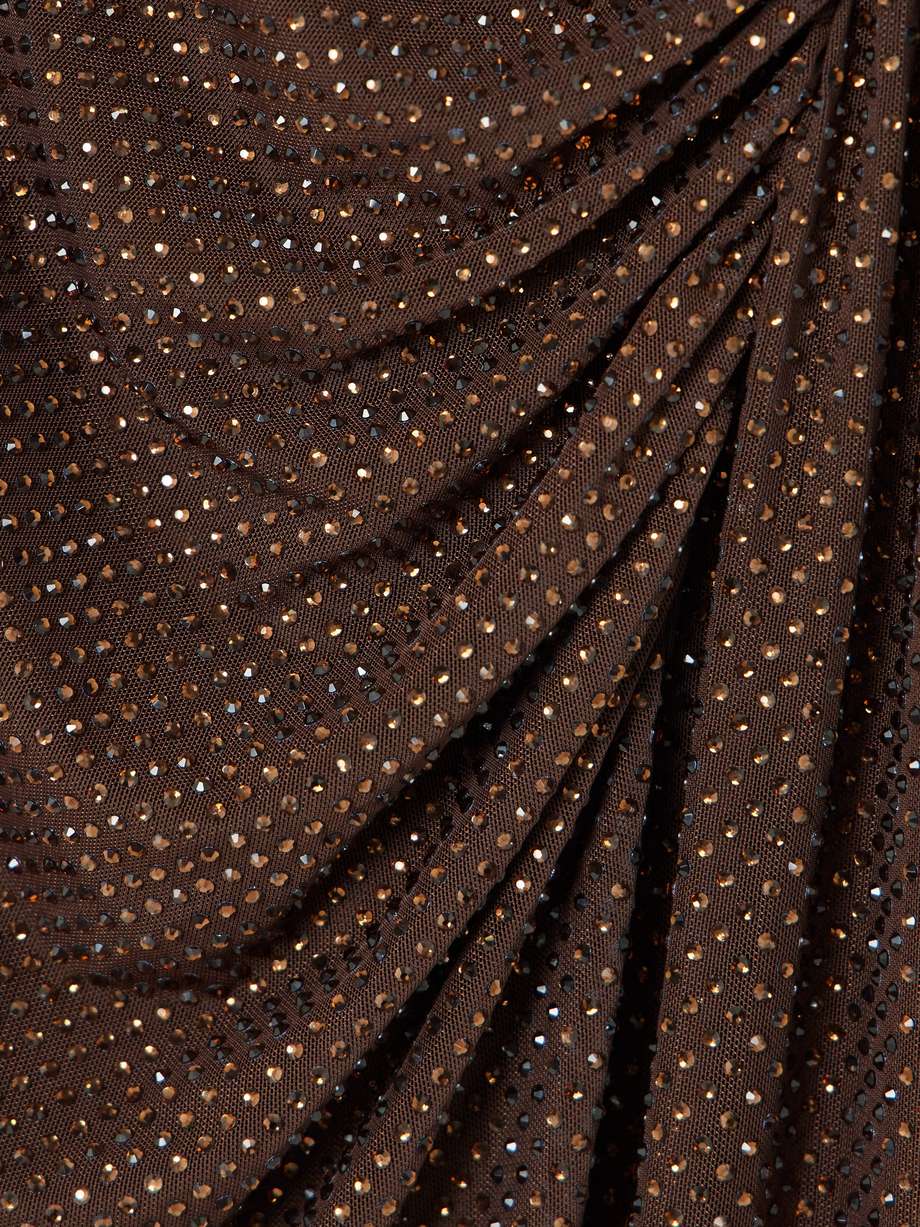 crystal-embellished ruched cutout stretch-mesh midi dress